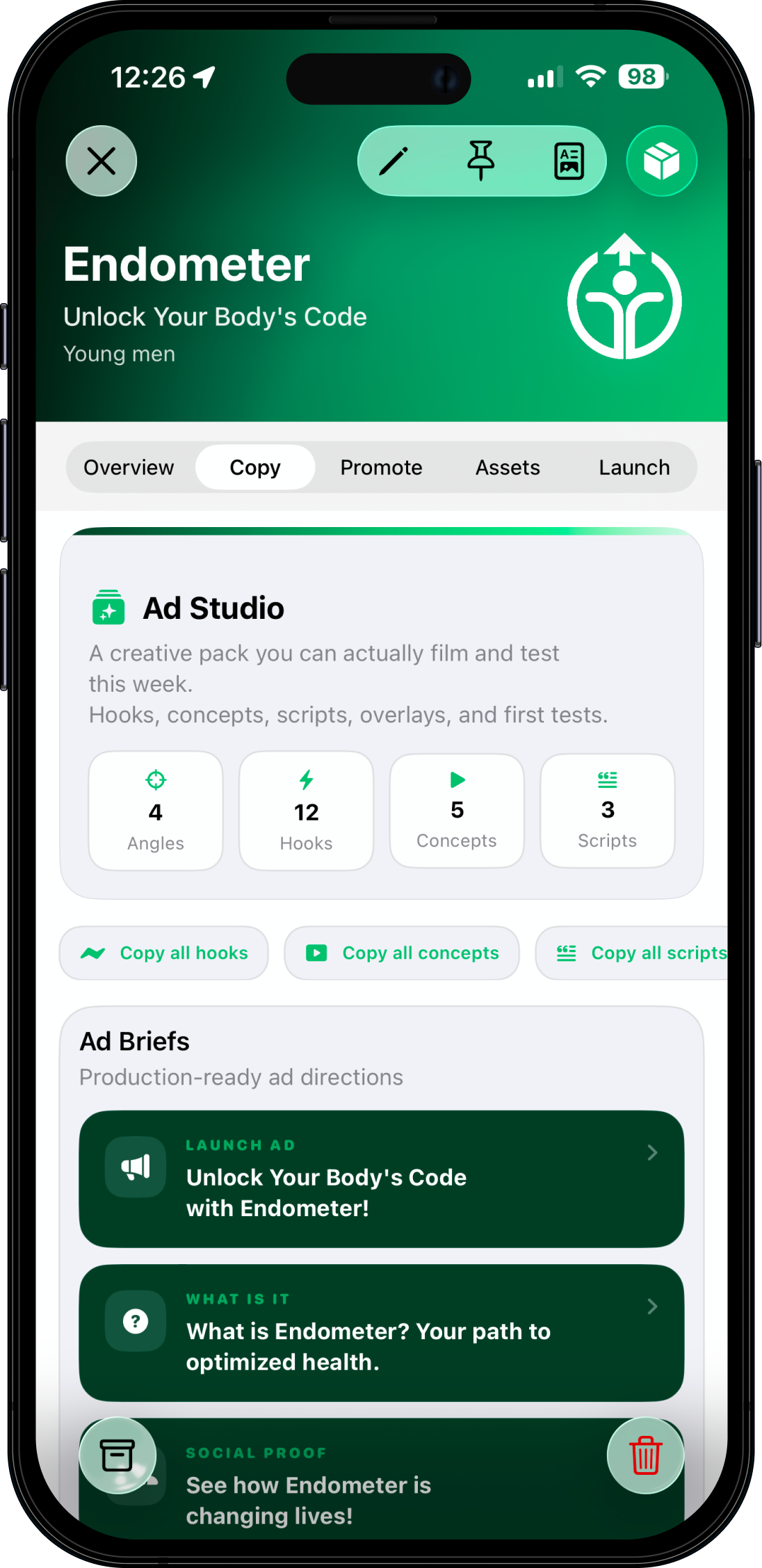 Endometer shown inside the BrandFounder app on iPhone