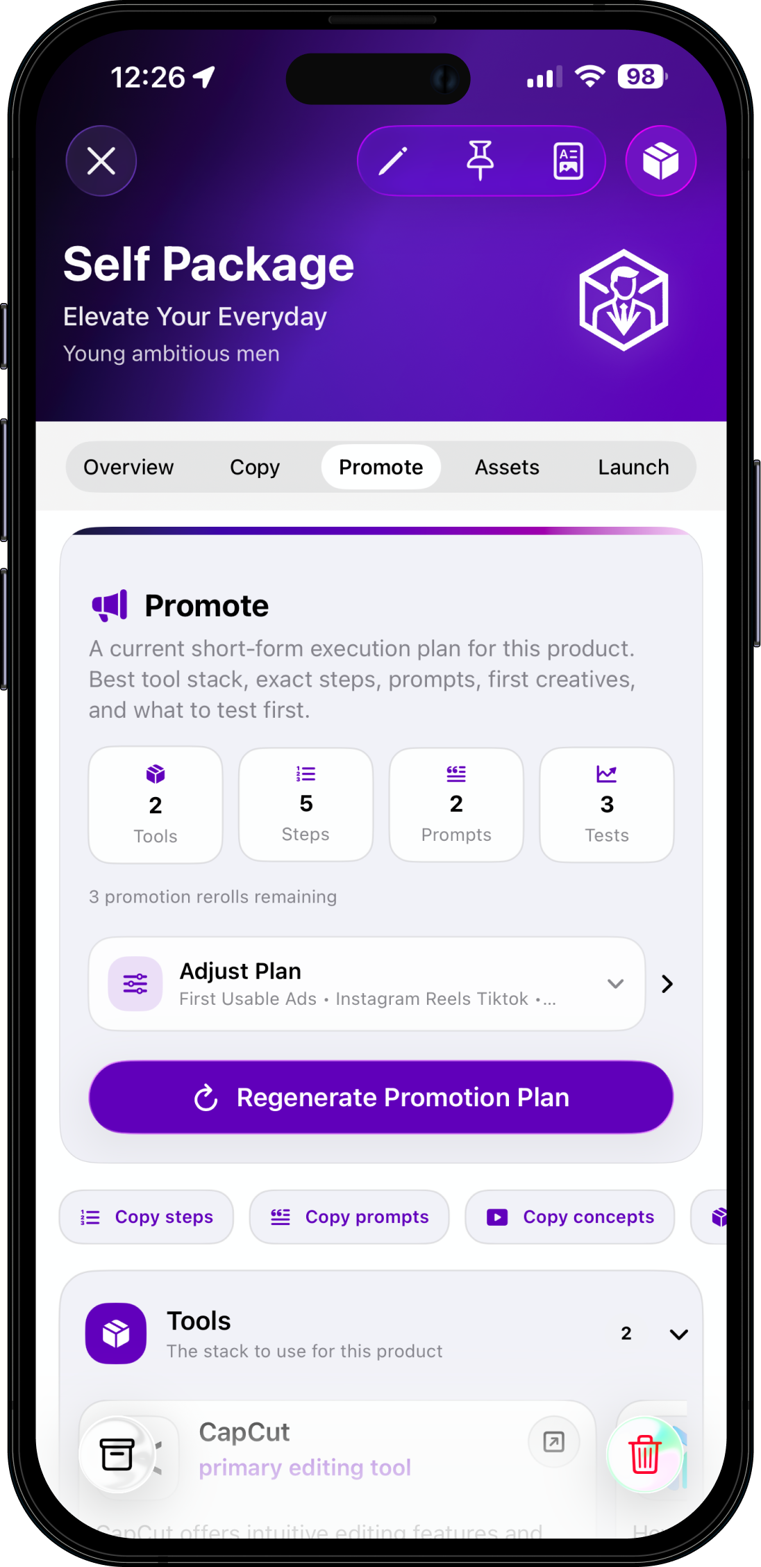 Self Package shown inside the BrandFounder app on iPhone