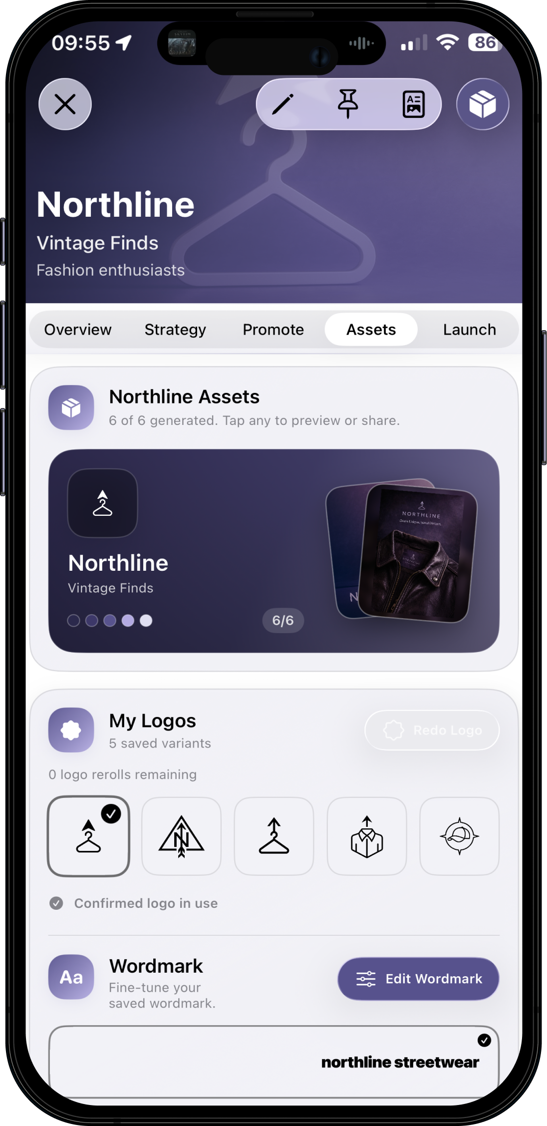 Northline brand assets, generated logos, colour palette, and wordmark inside BrandFounder
