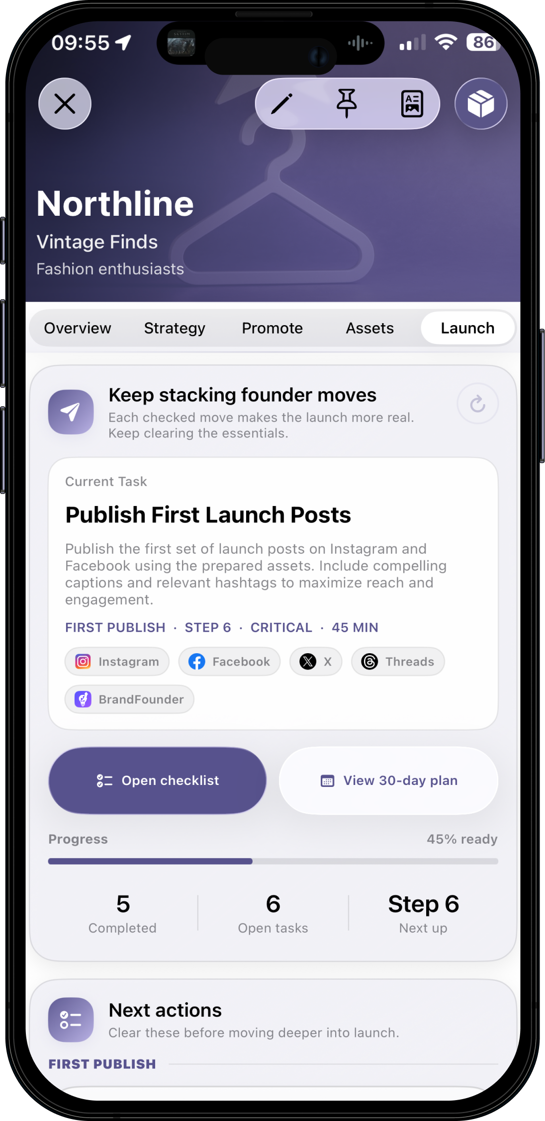 Northline launch checklist and 30-day plan inside BrandFounder