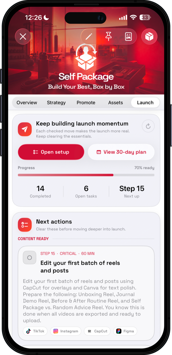Self Package 30-day launch plan in the app